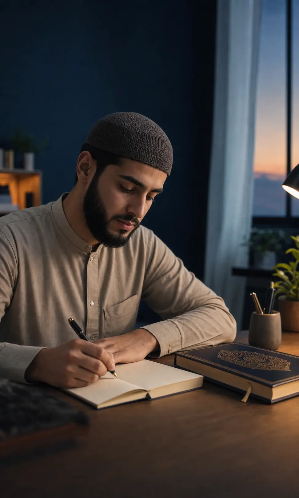 A Muslim man beginning a focused Arabic study session before dawn